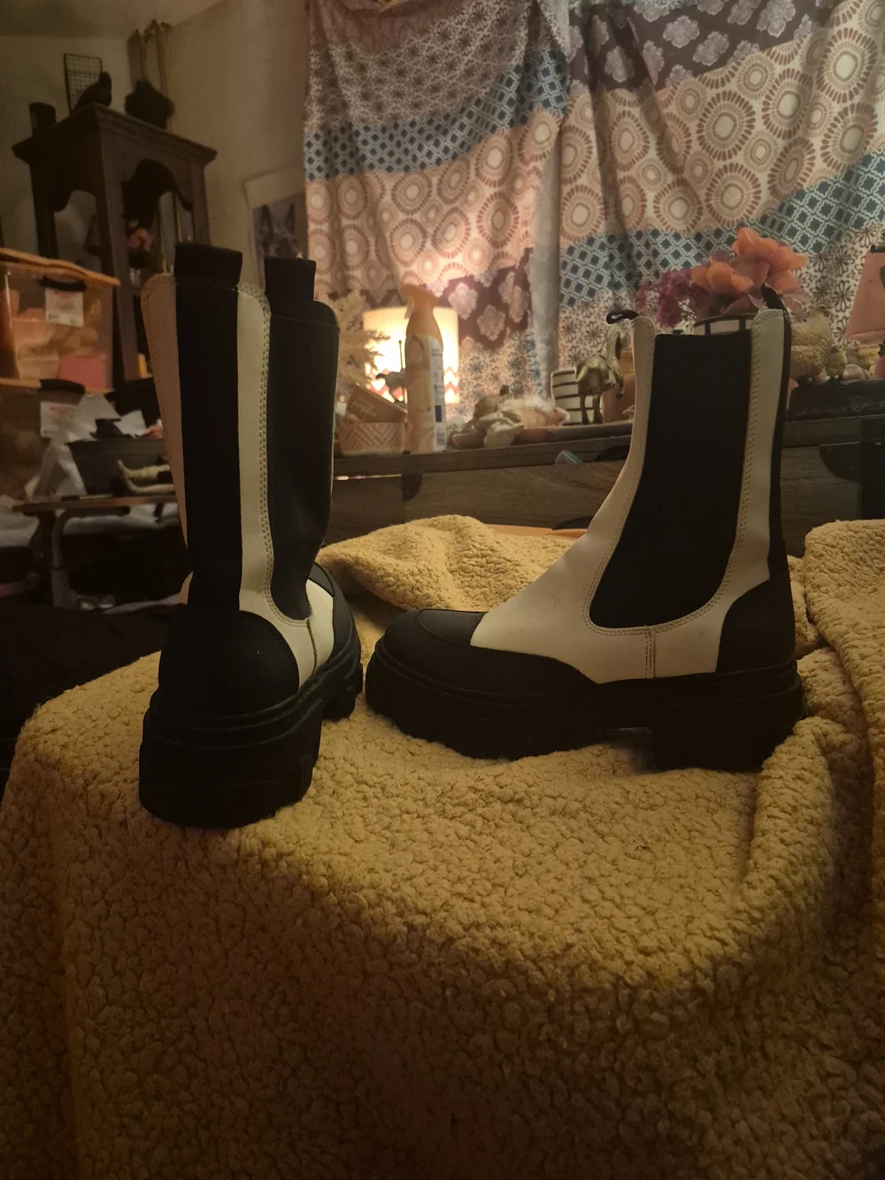 Chunky Chelsea Boots in Black and Cream - Women's